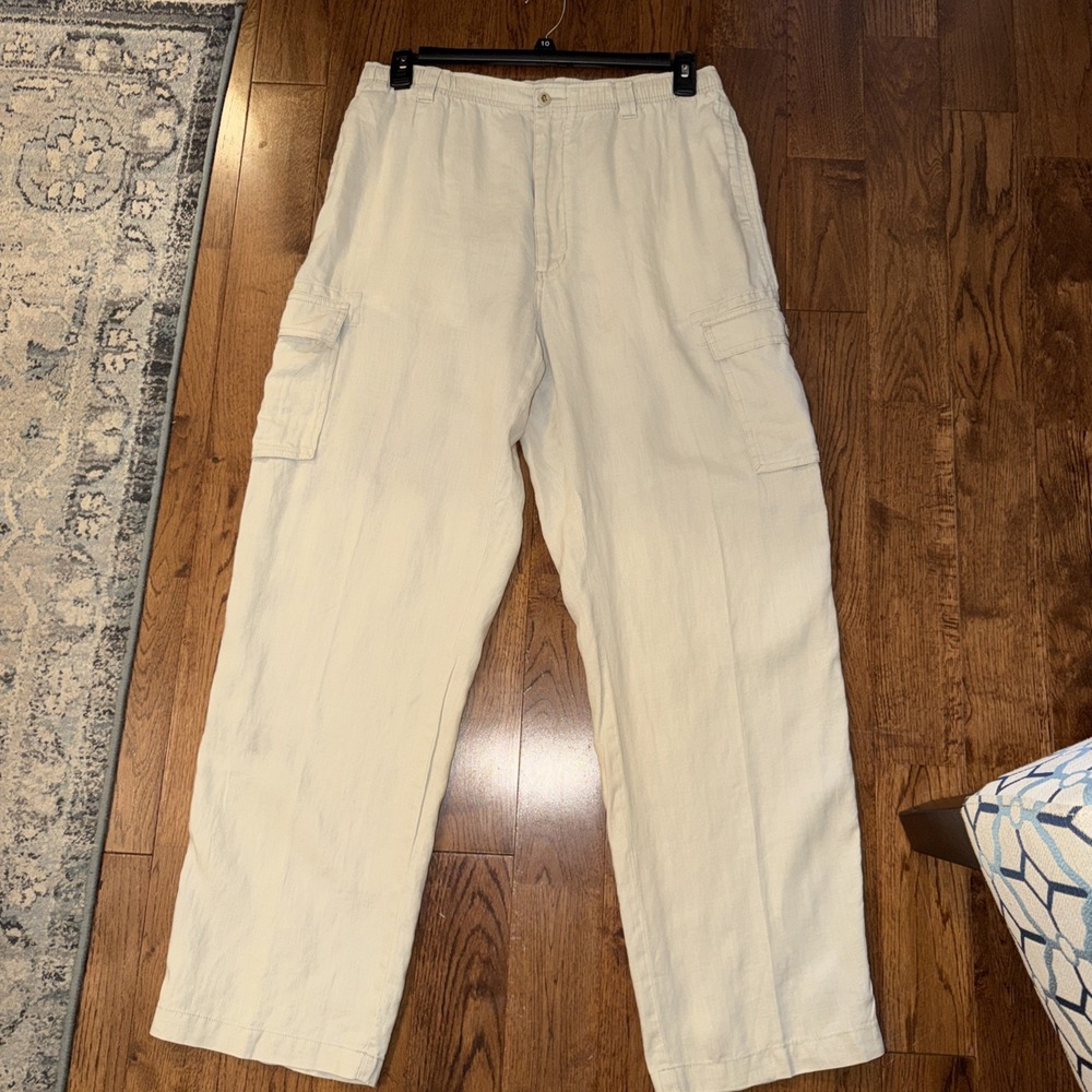 Caribbean Mens Linen Pants Beige Oatmeal Elastic Waist Drawstring Summer 36x32